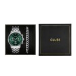 Cluse Gift Box Anthéor Multifunction Steel Watch Green & Cuban Chain Bracelet