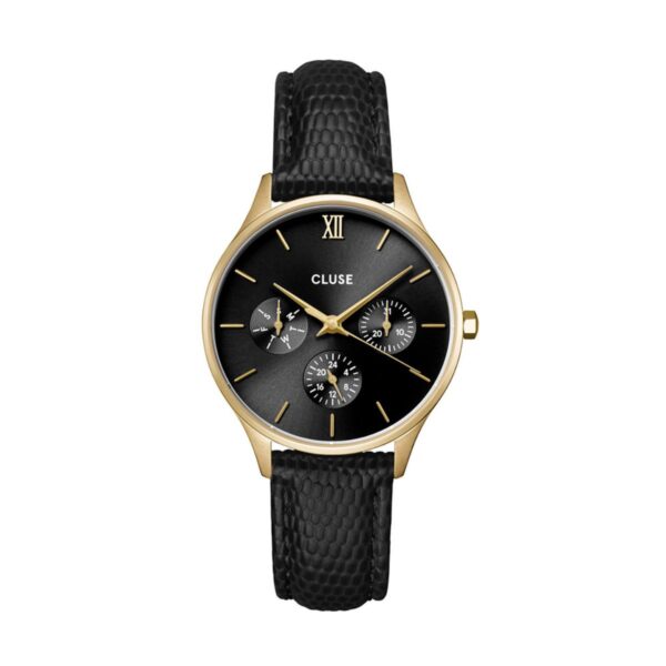 Cluse Minuit Multifunction Black Watch Leather Black Lizard Gold Colour