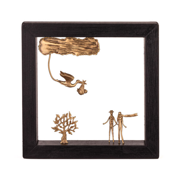 Bronze Stork Brought a baby - Wood art frame