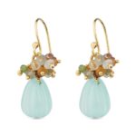Aqua Chalcedony and Multicolor Tourmalines Dangle Earrings in Gold-Plated 925 Sterling Silver