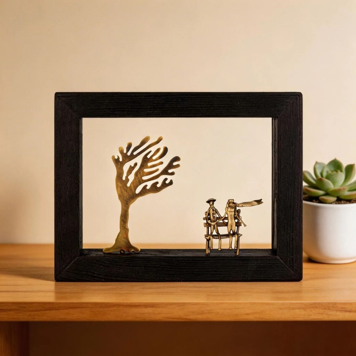 Bronze Figure Stillness Between Two Souls in Wood Art Frame - Image 2