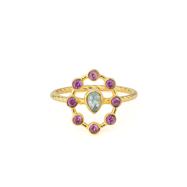 925 Silver Vintage Ring 18K Gold Plated Twisted Band with Teardrop Gemstone