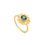Sunburst Disc Ring with Round London Blue Topaz in  Gold Plated Silver 925 - Image 3