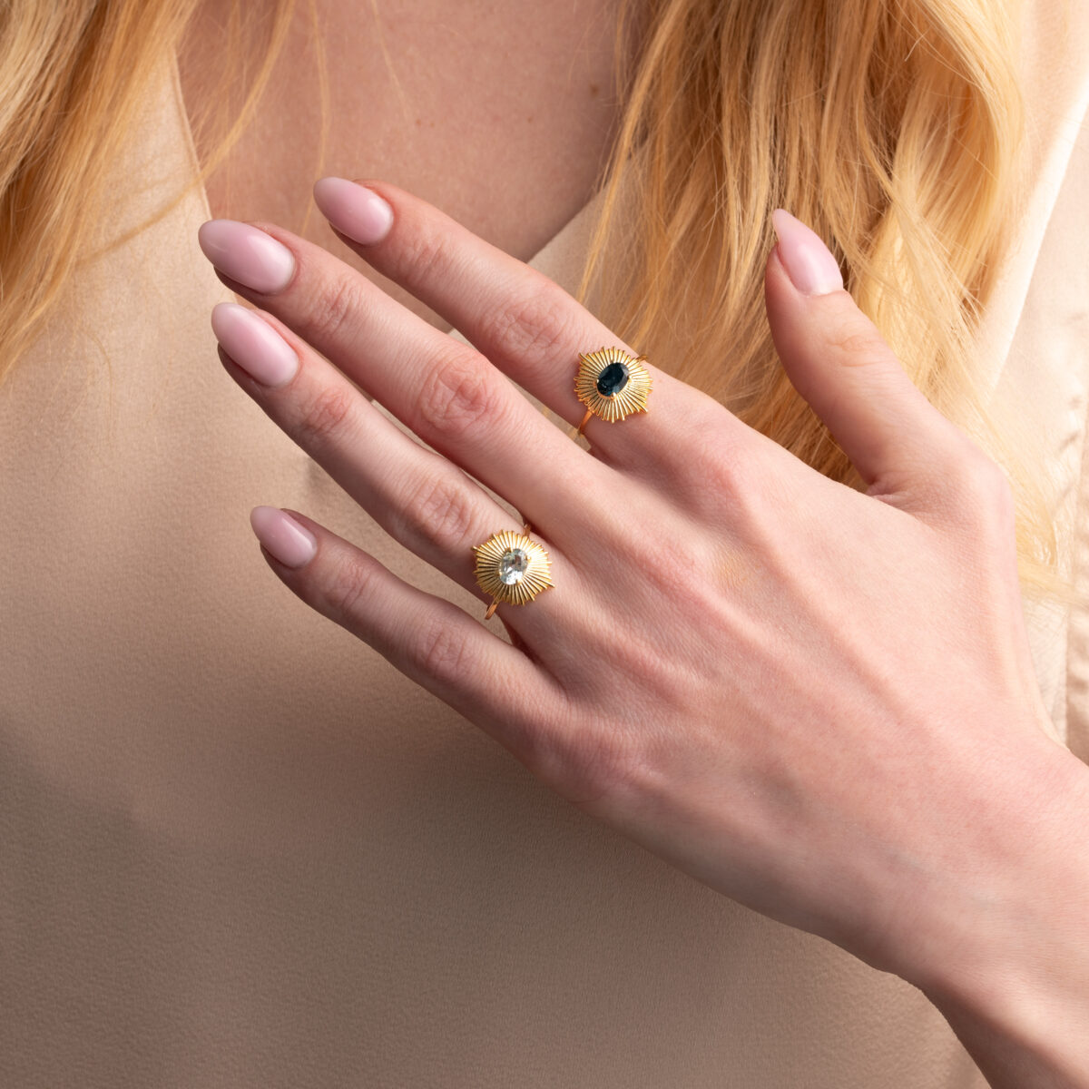 925 Sterling Silver Gold Plated Hexagon Ring with Semi-Precious Stone - Image 2