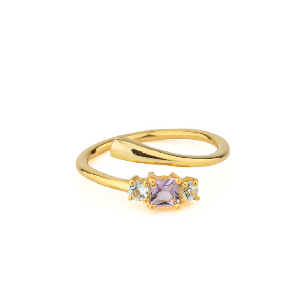 Open Crossover Ring 925 Silver Gold Plated with Three Semi-Precious Stones