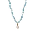 Aquamarine Cabochon Gemstone Necklace with Pearl Pendant in Gold Plated 925 Silver