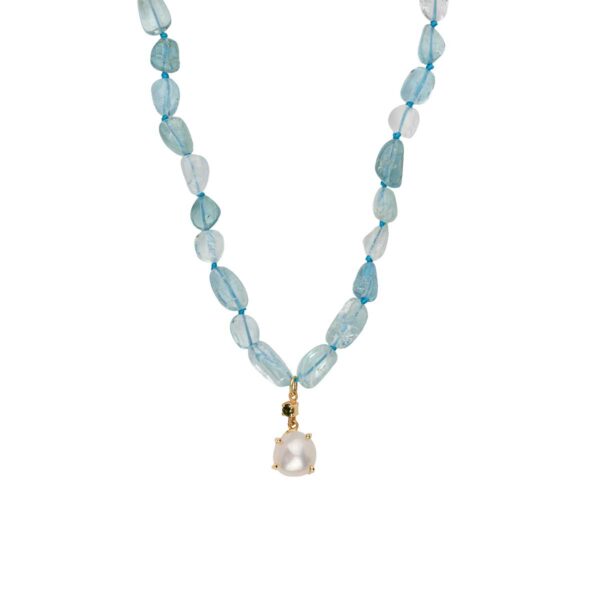 Aquamarine Cabochon Gemstone Necklace with Pearl Pendant in Gold Plated 925 Silver