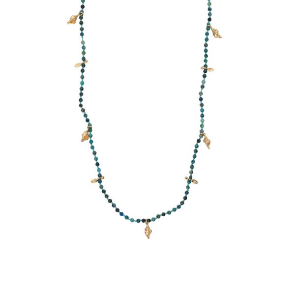 Chrysocolla Knotted Gemstone Necklace with Gold Plated Silver Shell Charms
