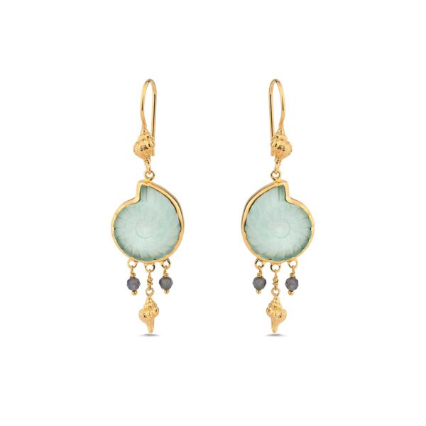 Aqua Iolite Shell Dangle Earrings in 925 Sterling Silver & Gold Plating