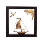 Bronze Ship Sailing Through Sky and Sea - Wood Art Frame 25x25cm