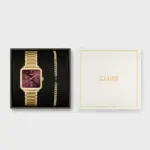 Cluse Gift Box La Tétragone Multifunction Watch Steel Dark Cherry & Bead Bracelet Gold Colour