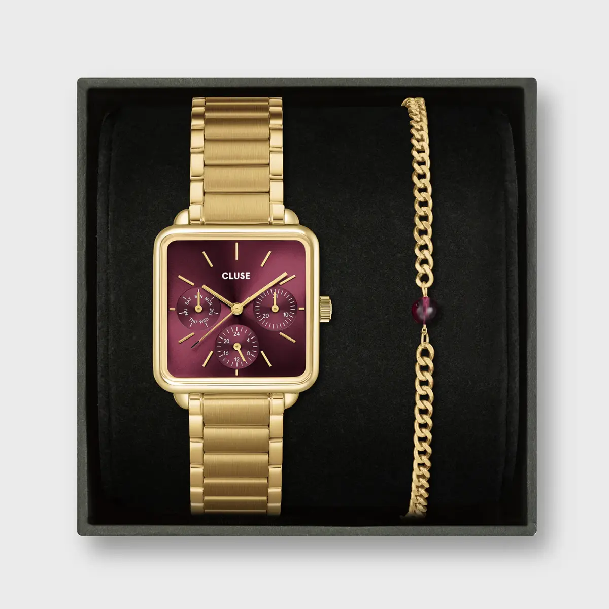 Cluse Gift Box La Tétragone Multifunction Watch Steel Dark Cherry & Bead Bracelet Gold Colour - Image 5