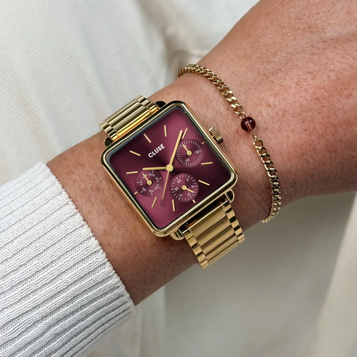 Cluse Gift Box La Tétragone Multifunction Watch Steel Dark Cherry & Bead Bracelet Gold Colour - Image 2